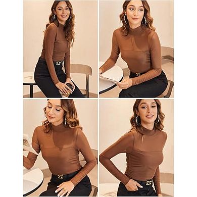 Zeagoo Women's Sheer Mesh Long Sleeve Tops, Mock Turtle Neck Ruched Going Out Blouse
