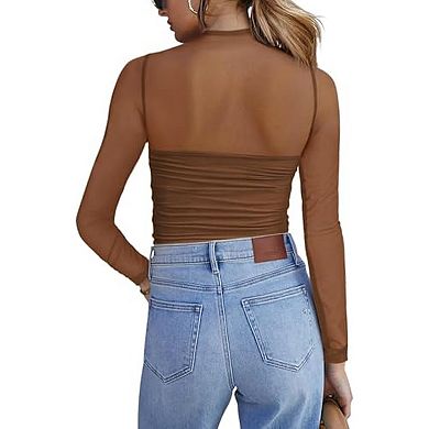 Zeagoo Women's Sheer Mesh Long Sleeve Tops, Mock Turtle Neck Ruched Going Out Blouse