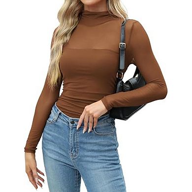 Zeagoo Women's Sheer Mesh Long Sleeve Tops, Mock Turtle Neck Ruched Going Out Blouse