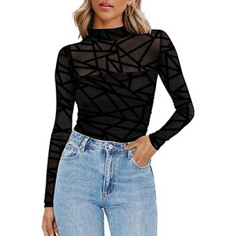 Zeagoo Women's Sheer Mesh Long Sleeve Tops, Mock Turtle Neck Ruched Going Out Blouse