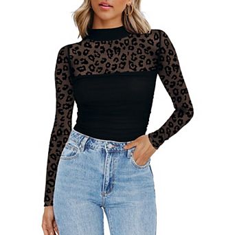 Zeagoo Women's Sheer Mesh Long Sleeve Tops, Mock Turtle Neck Ruched Going Out Blouse