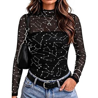 Zeagoo Women's Sheer Mesh Long Sleeve Tops, Mock Turtle Neck Ruched Going Out Blouse