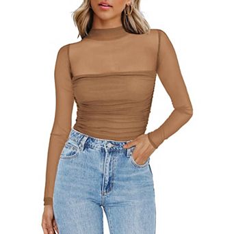 Zeagoo Women's Sheer Mesh Long Sleeve Tops, Mock Turtle Neck Ruched Going Out Blouse