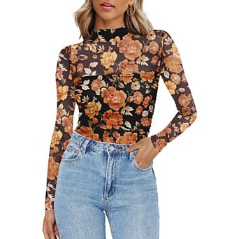 Zeagoo Women's Sheer Mesh Long Sleeve Tops, Mock Turtle Neck Ruched Going Out Blouse