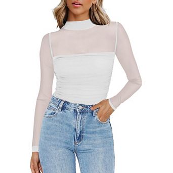 Zeagoo Women's Sheer Mesh Long Sleeve Tops, Mock Turtle Neck Ruched Going Out Blouse