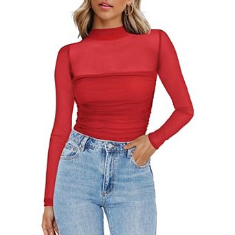 Zeagoo Women's Sheer Mesh Long Sleeve Tops, Mock Turtle Neck Ruched Going Out Blouse