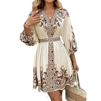 Women's V-Neck Floral Print Lantern Sleeve Button up Belt Dress Casual Mini Dress