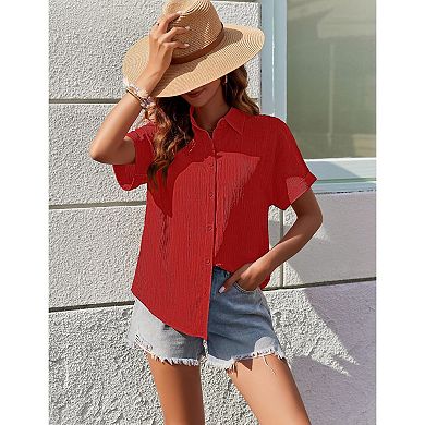 Zeagoo Button Down Shirts for Women Short Sleeve Trendy Lightweight Summer Tops Collar Work Blouse
