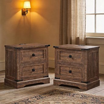 2 pc Farmhouse Night stand with Charging Station, 2 Drawer Bedroom End Table, Rustic Wood Nightstand