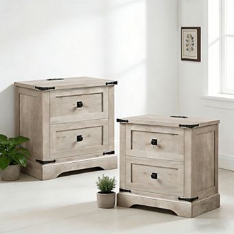 2 pc Farmhouse Night stand with Charging Station, 2 Drawer Bedroom End Table, Rustic Wood Nightstand