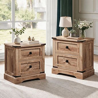 2 pc Farmhouse Night stand with Charging Station, 2 Drawer Bedroom End Table, Rustic Wood Nightstand