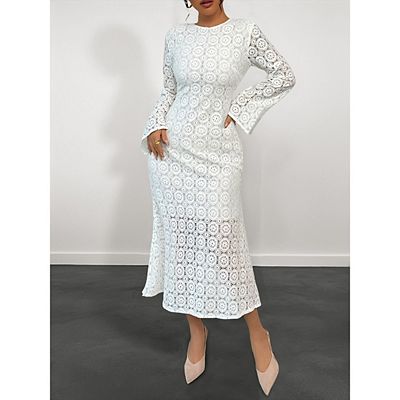 Women Elegant Floral Lace Mesh Long Sleeve Formal Bodycon Midi Dress