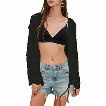 Solid Color Loose Hollow-Out Long Sleeve V Neck Cover-Up Top
