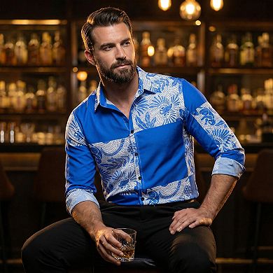 Cloudstyle Men's Retro Graphic Print Long Sleeve Button-Down Shirt, Wrinkle-Free