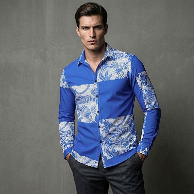 Cloudstyle Men's Retro Graphic Print Long Sleeve Button-Down Shirt, Wrinkle-Free