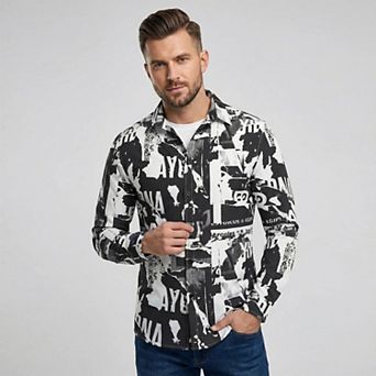 Cloudstyle Men's Retro Graphic Print Long Sleeve Button-Down Shirt, Wrinkle-Free
