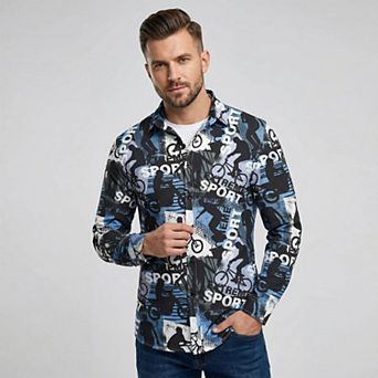 Cloudstyle Men's Retro Graphic Print Long Sleeve Button-Down Shirt, Wrinkle-Free