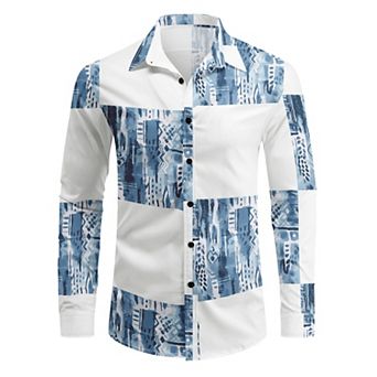 Men's Retro Graphic Print Long Sleeve Button-Down Shirt, Wrinkle-Free