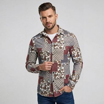 Cloudstyle Men's Retro Graphic Print Long Sleeve Button-Down Shirt, Wrinkle-Free