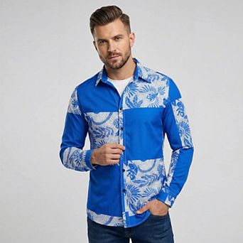 Cloudstyle Men's Retro Graphic Print Long Sleeve Button-Down Shirt, Wrinkle-Free