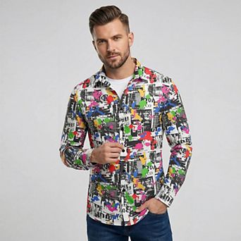 Cloudstyle Men's Retro Graphic Print Long Sleeve Button-Down Shirt, Wrinkle-Free