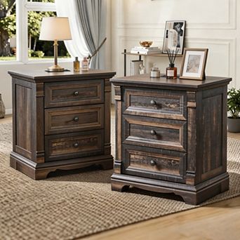 2 pc Farmhouse Nightstand w/ Charging Station, Wood 3 Drawer Bedside Table for Bedroom, Living Room