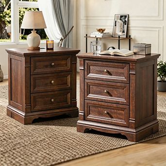 2 pc Farmhouse Nightstand w/ Charging Station, Wood 3 Drawer Bedside Table for Bedroom, Living Room