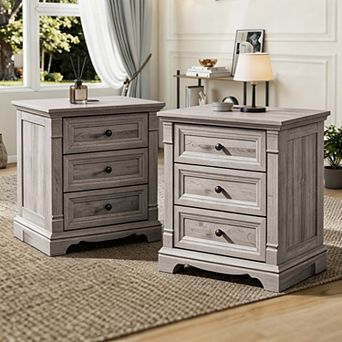 2 pc Farmhouse Nightstand w/ Charging Station, Wood 3 Drawer Bedside Table for Bedroom, Living Room