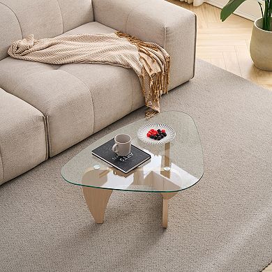 KWPZQEB Small Glass Coffee Table with Wooden Legs for Living Room
