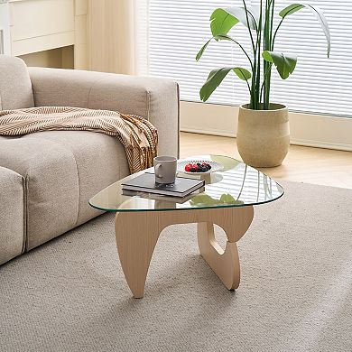 KWPZQEB Small Glass Coffee Table with Wooden Legs for Living Room