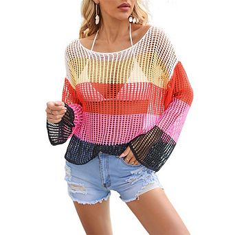 Women's Summer Swimsuit Cover Up Color Block Long Sleeve Hollow Out Knitted Crochet Beach Tops