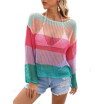 Women's Summer Swimsuit Cover Up Color Block Long Sleeve Hollow Out Knitted Crochet Beach Tops