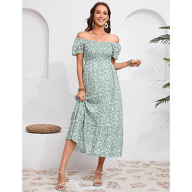 Women's Maternity Square Neck Dress Short Flutter Sleeve Casual Summer Midi Dress