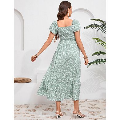 Women's Maternity Square Neck Dress Short Flutter Sleeve Casual Summer Midi Dress