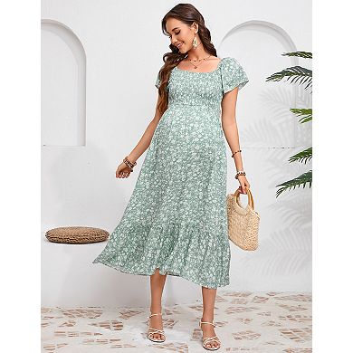 Women's Maternity Square Neck Dress Short Flutter Sleeve Casual Summer Midi Dress