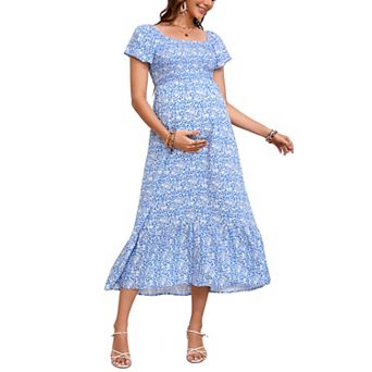 Women's Maternity Square Neck Dress Short Flutter Sleeve Casual Summer Midi Dress