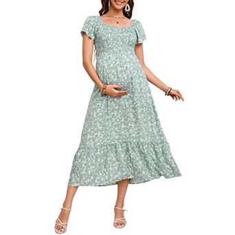 Women's Maternity Square Neck Dress Short Flutter Sleeve Casual Summer Midi Dress