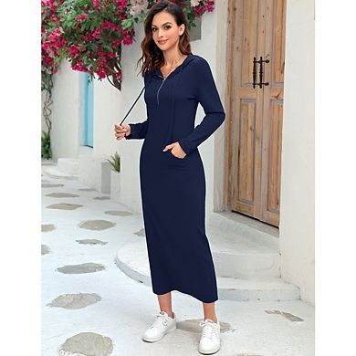Women's Long Sleeve Side Split Pullover Hoodie Zipper Maxi Dresses Solid Color Casual with Pocket