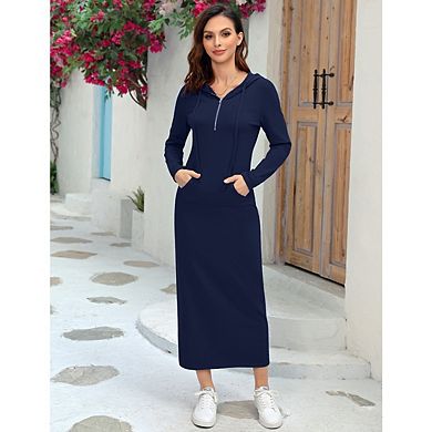 Women's Long Sleeve Side Split Pullover Hoodie Zipper Maxi Dresses Solid Color Casual with Pocket