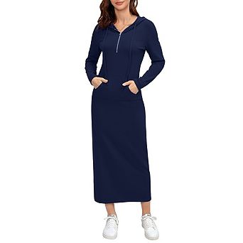 Women's Long Sleeve Side Split Pullover Hoodie Zipper Maxi Dresses Solid Color Casual with Pocket