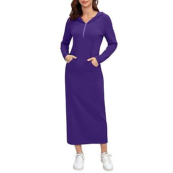 Women's Long Sleeve Side Split Pullover Hoodie Zipper Maxi Dresses Solid Color Casual with Pocket