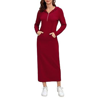 Women's Long Sleeve Side Split Pullover Hoodie Zipper Maxi Dresses Solid Color Casual with Pocket