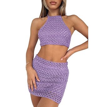 Women Crochet Knitted Two Piece Outfit Hollow Out Halter Top and Mini Skirt Set