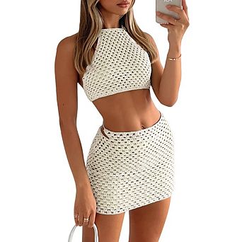 Women Crochet Knitted Two Piece Outfit Hollow Out Halter Top and Mini Skirt Set