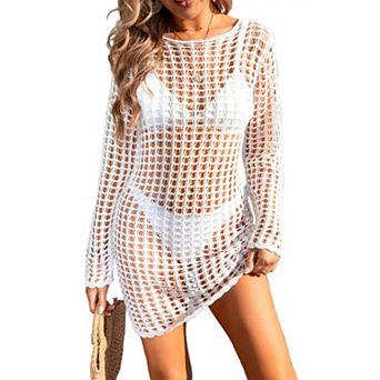 Womens Swimsuit Cover Up Long Sleeve Knit Swimwear Bathing Suit Cover Up Crochet Beach Dress