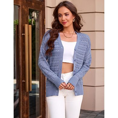 Women Long Sleeves Cardigan Button Down V Neck Sweater Top