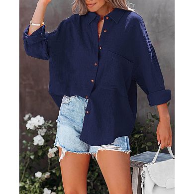 Women's Relaxed Shirt Soft Button Down Long Sleeve Classic Casual Oversized Top