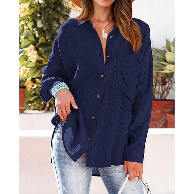 Women's Relaxed Shirt Soft Button Down Long Sleeve Classic Casual Oversized Top