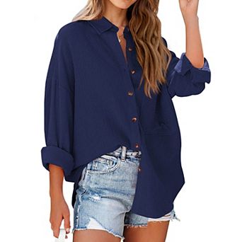 Women's Relaxed Shirt Soft Button Down Long Sleeve Classic Casual Oversized Top