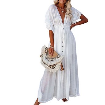 Womens Casual Short Sleeve Long Swimsuit Beach Cover Ups